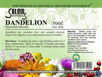 Salem Botanicals Dandelion root label with herbal imagery and text.