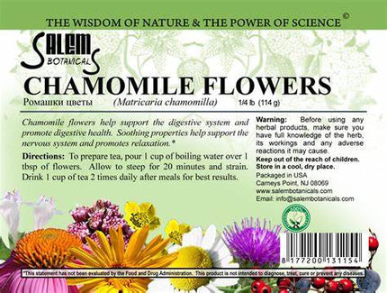 Label for Salem Botanicals Chamomile Flowers with text and images of flowers.