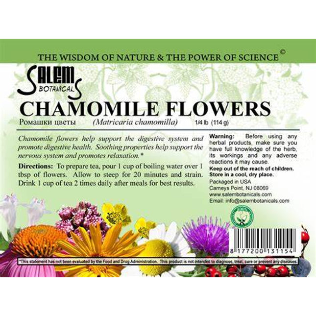 Label for Salem Botanicals Chamomile Flowers with text and images of flowers.