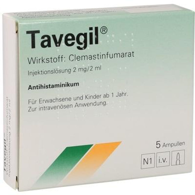 Box of Tavegil medication with green and orange design