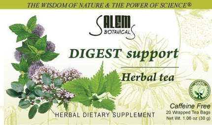 Salem Botanicals Digest Support Herbal Tea packaging with herbs and branding.
