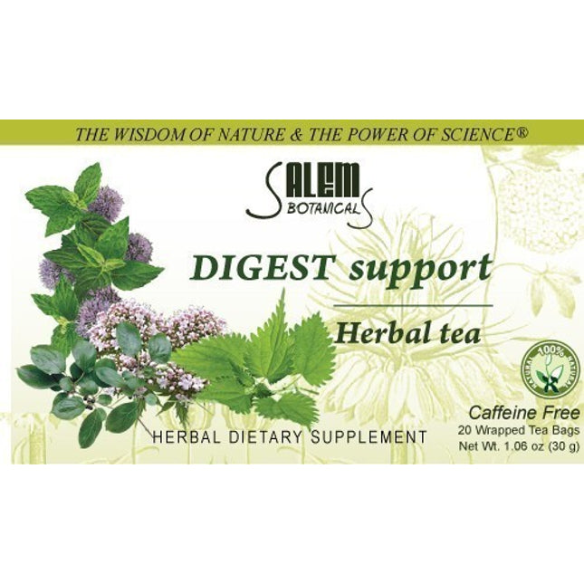 Salem Botanicals Digest Support Herbal Tea packaging with herbs and branding.
