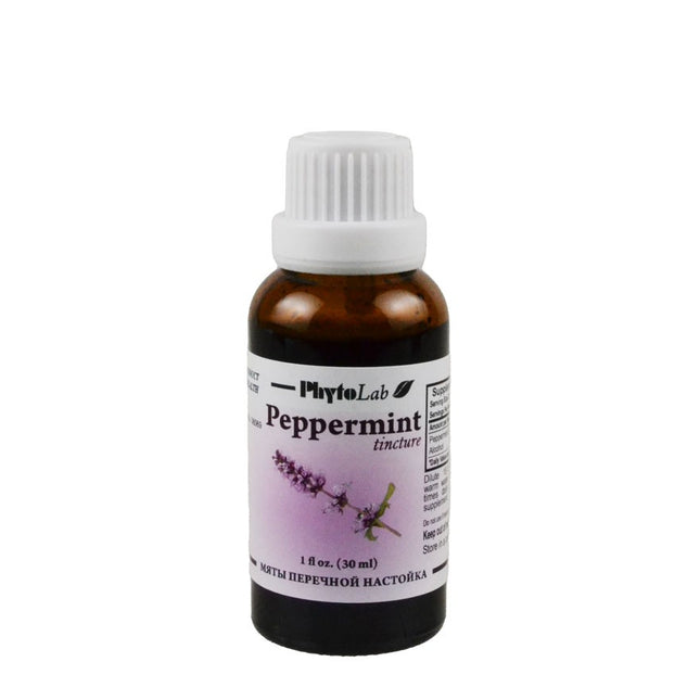 Peppermint tincture bottle with a white cap on a white background