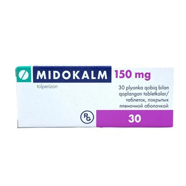 Box of Midokalm 150 mg tablets on a white background