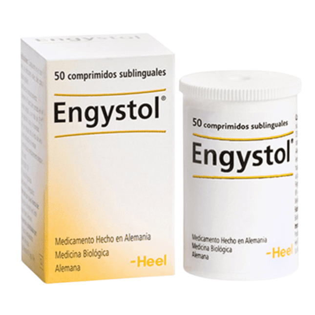 Engystol packaging including a box and a container on a white background
