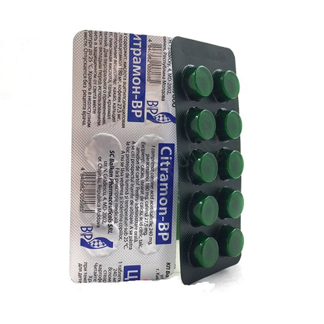 Pack of green Citramon-BP tablets on a white background