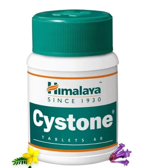 Himalaya Cystone tablet container with green lid on a white background