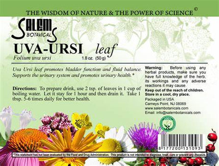 Salem Botanicals UVA-URSI leaf product label with herbal imagery and text.