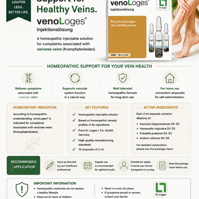 venoLoges® Injection Solution – 10 × 2 mL Ampoules | Homeopathic Medicine for Varicose Vein Complaints