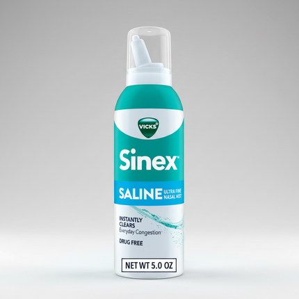 Vicks Sinex Saline Ultra Fine Nasal Mist is a drug-free saline nasal spray designed to help relieve nasal congestion associated with colds, allergies, dry air, and environmental irritants. The ultra-fine mist helps moisturize dry nasal passages while rinsing away allergens, dust, mucus, and irritants.