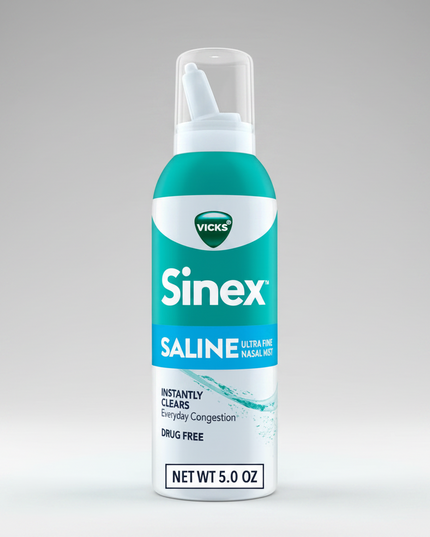 Vicks Sinex Saline Ultra Fine Nasal Mist is a drug-free saline nasal spray designed to help relieve nasal congestion associated with colds, allergies, dry air, and environmental irritants. The ultra-fine mist helps moisturize dry nasal passages while rinsing away allergens, dust, mucus, and irritants.
