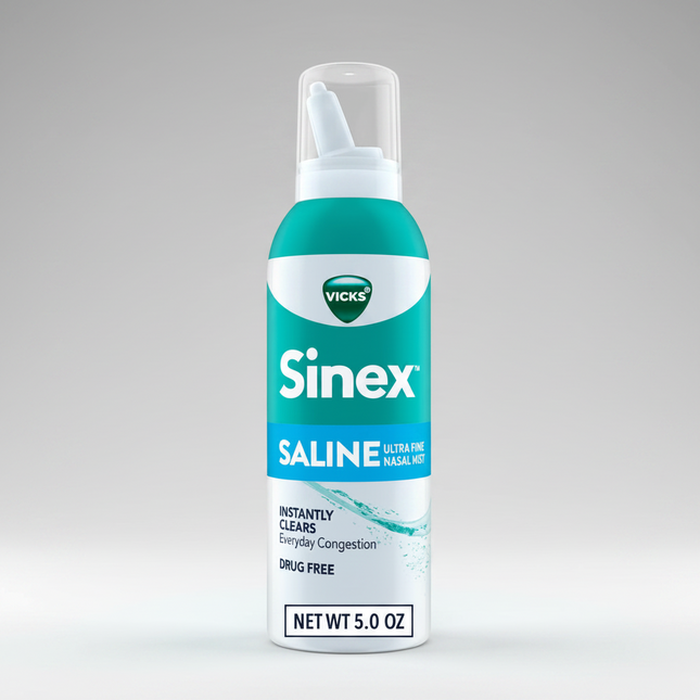 Vicks Sinex Saline Ultra Fine Nasal Mist is a drug-free saline nasal spray designed to help relieve nasal congestion associated with colds, allergies, dry air, and environmental irritants. The ultra-fine mist helps moisturize dry nasal passages while rinsing away allergens, dust, mucus, and irritants.