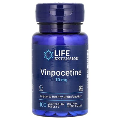 Blue bottle of Life Extension Vinpocetine supplement on a white background