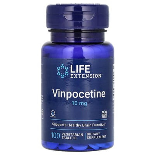 Blue bottle of Life Extension Vinpocetine supplement on a white background