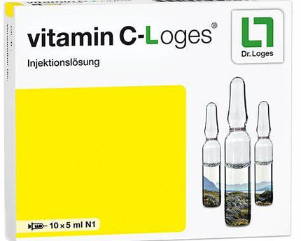 Vitamin C Loges injection solution packaging with ampoules on a white background