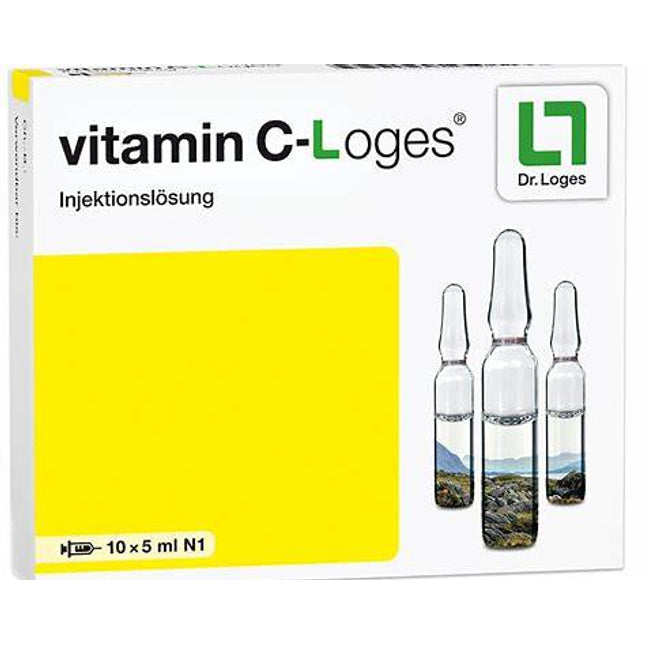 Vitamin C Loges injection solution packaging with ampoules on a white background