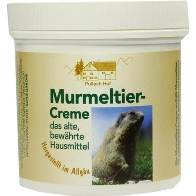 Jar of Murmeltier-Creme with a label featuring a marmot and text on a white background