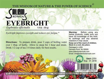 Salem Botanicals Eyebright product label with herbal imagery and text.