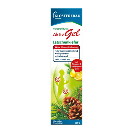 Klosterfrau Activ Gel packaging with pine cones and lemon on a white background