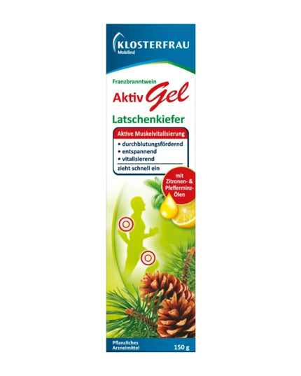 Klosterfrau Activ Gel packaging with pine cones and lemon on a white background