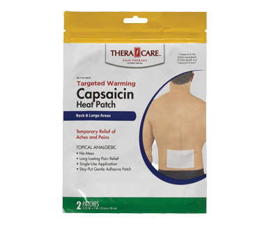 Thera-Care targeted warming capsaicin heat patch packaging on a white background