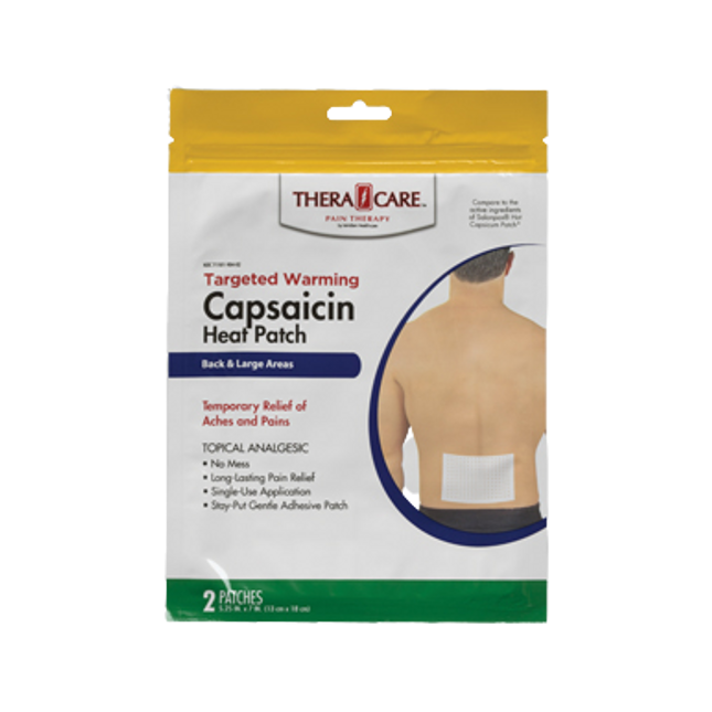 Thera-Care targeted warming capsaicin heat patch packaging on a white background