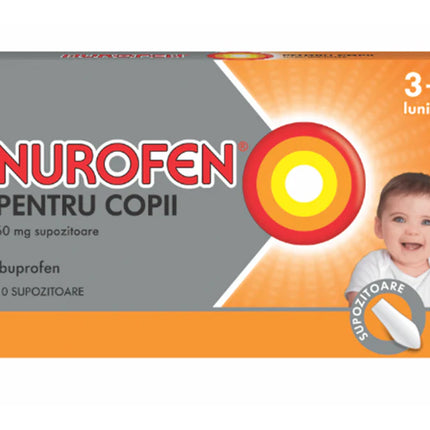 Nurofen for children packaging with a baby illustration on an orange and gray background