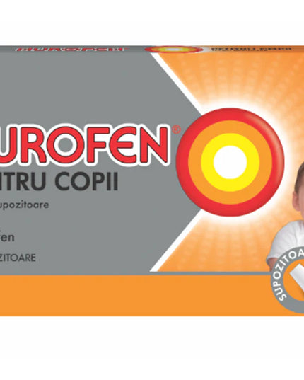 Nurofen for children packaging with a baby illustration on an orange and gray background