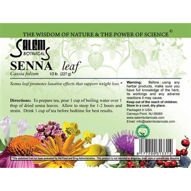 Senna leaf product label with botanical illustrations and text.
