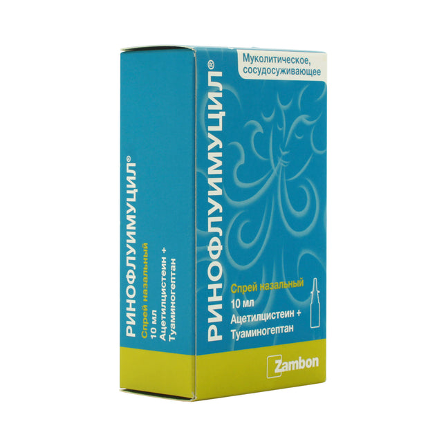 Blue and green box of Rinoflumimucil with Zambon logo on a white background