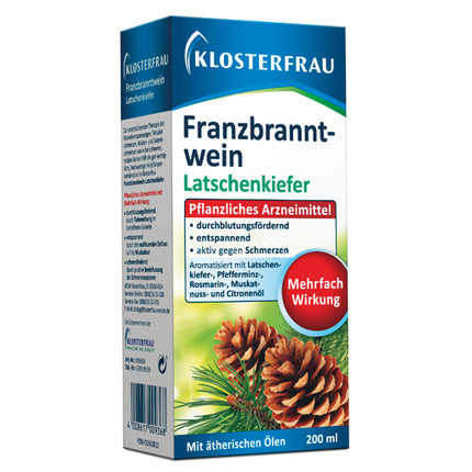 Product packaging for KLOSTERFRAU Rubbing Alcohol Mountain Pine, 200 ml with a pine cone image and German text.