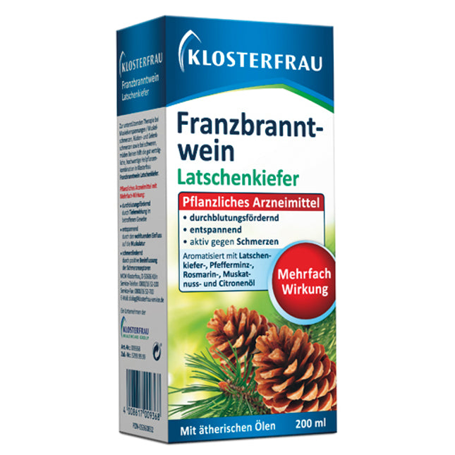Product packaging for KLOSTERFRAU Rubbing Alcohol Mountain Pine, 200 ml with a pine cone image and German text.