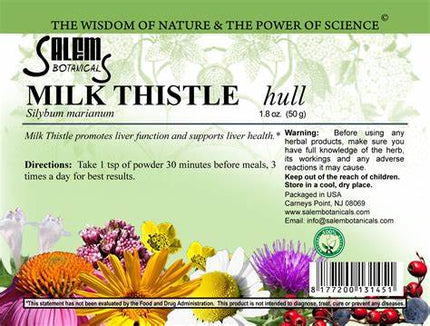 Salem Botanicals Milk Thistle hull label with floral design and text.