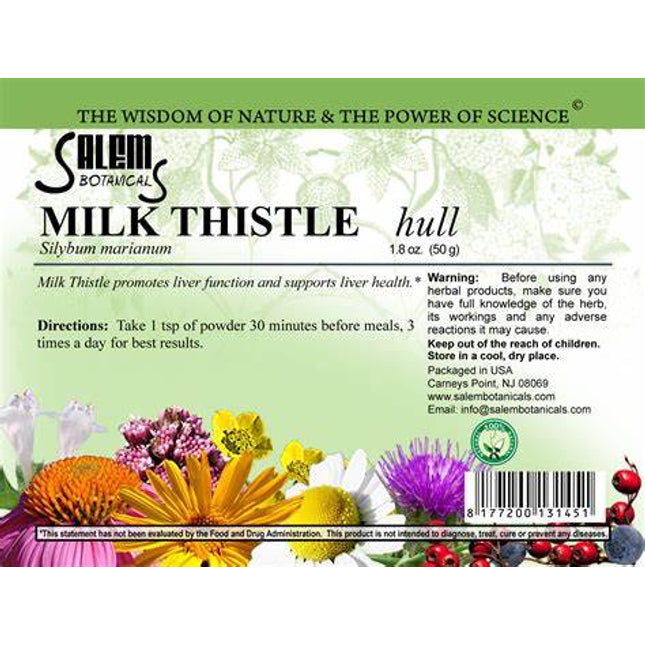Salem Botanicals Milk Thistle hull label with floral design and text.