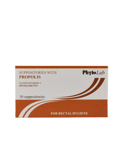 Box of PhytoLab suppositories with propolis on a white background