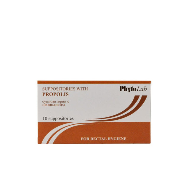 Box of PhytoLab suppositories with propolis on a white background
