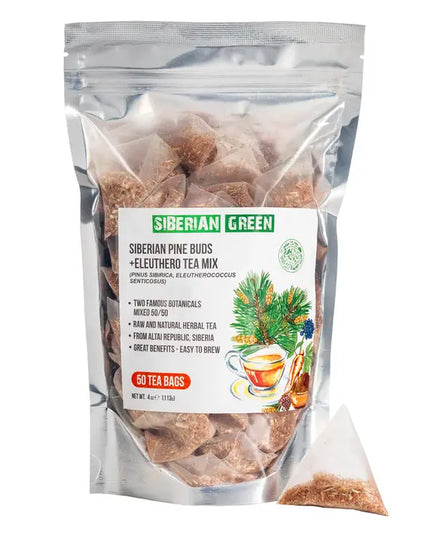 Siberian Green tea package with tea bags inside on a white background