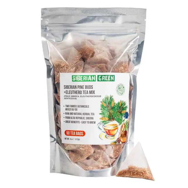 Siberian Green tea package with tea bags inside on a white background