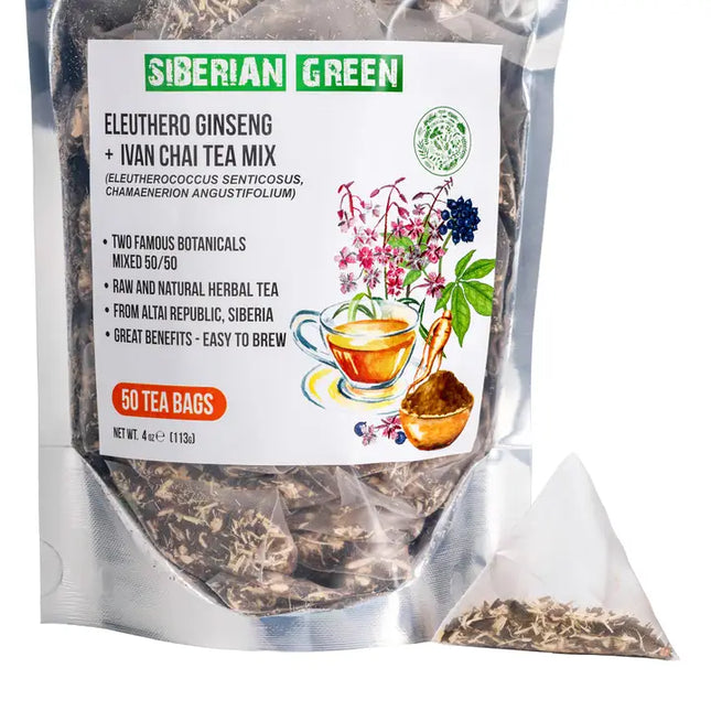 Siberian Green Eleuthero Ginseng + Ivan Chai Tea Mix packaging on a white background
