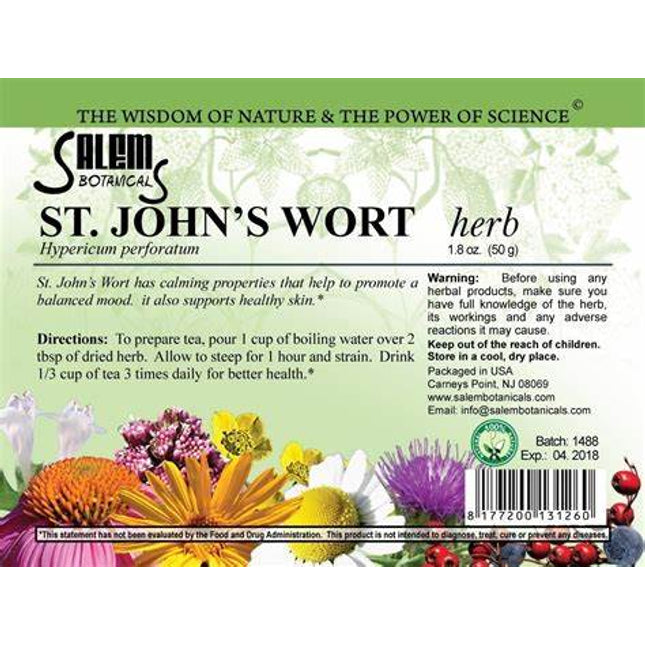 Salem Botanicals St. John's Wort herb packaging with floral design and text.