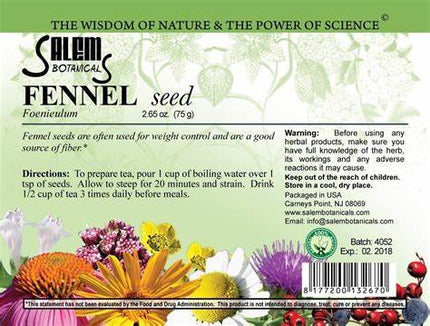Salem Botanicals Fennel seed label with botanical illustrations and text.