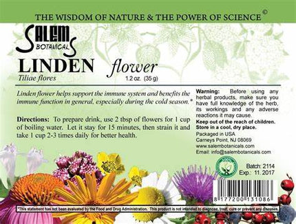 Salem Botanicals Linden flower label with herbal imagery and text.