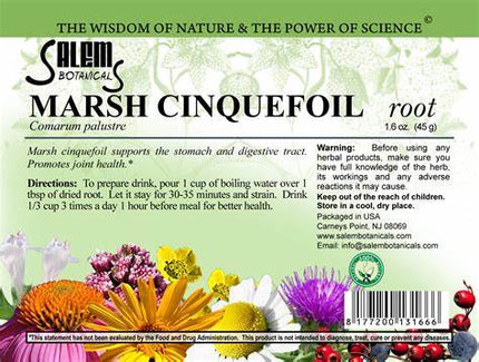 Salem Botanicals Marsh Cinquefoil root label with herbal imagery and text.