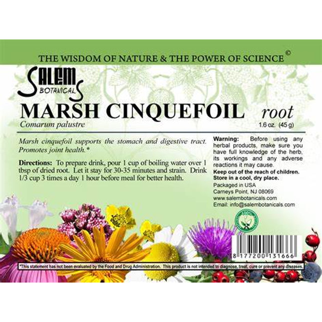 Salem Botanicals Marsh Cinquefoil root label with herbal imagery and text.