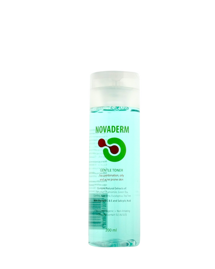 Novaderm bottle of gentle toner on a white background