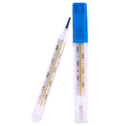 Two mercury thermometers with blue and clear bodies on a white background