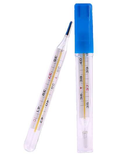 Two mercury thermometers with blue and clear bodies on a white background