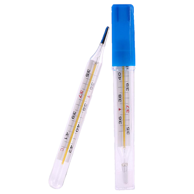 Two mercury thermometers with blue and clear bodies on a white background