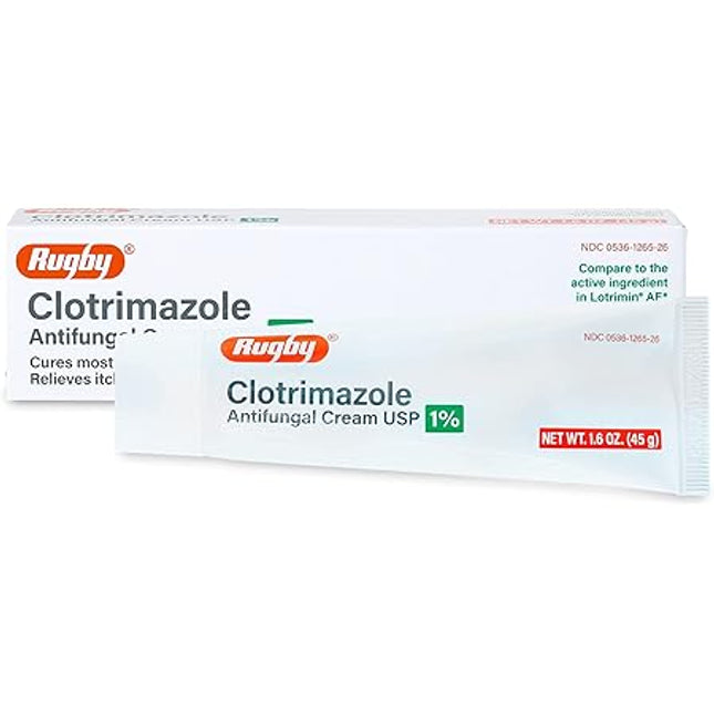 Rugby Clotrimazole Antifungal Cream USP packaging on a white background