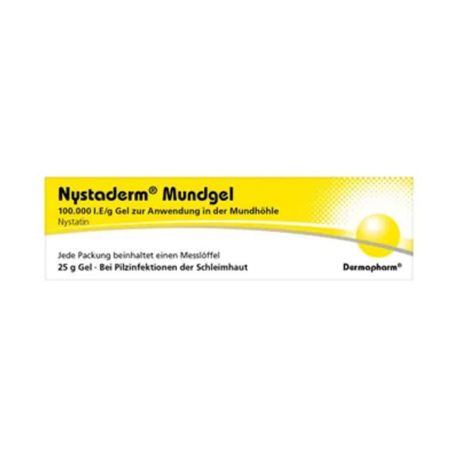 Nystaderm Mundgel packaging with yellow and white design on a white background